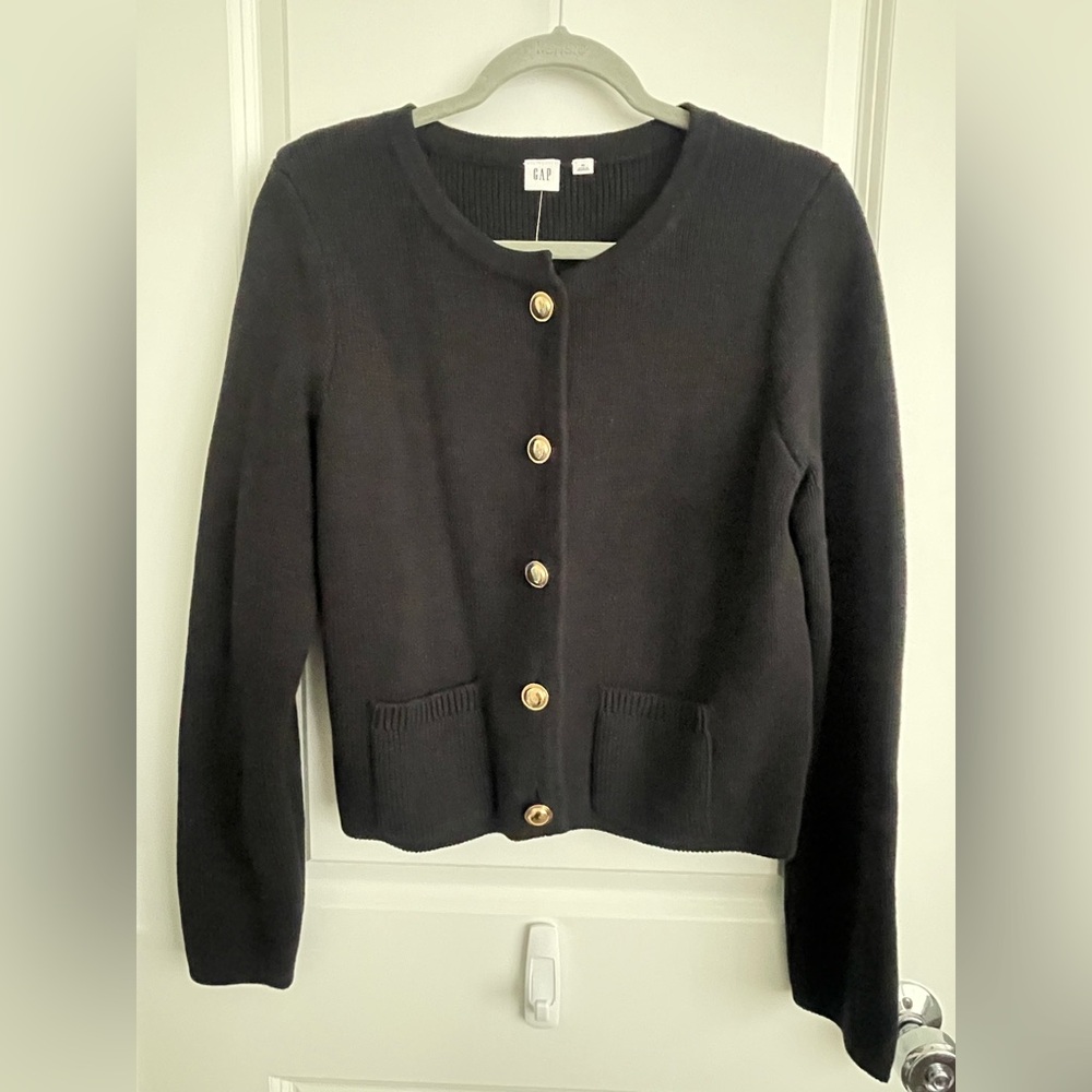 GAP Women's Black Cotton Cardigan Sweater with Gold Buttons